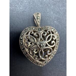Vintage JC Signed Sterling Silver 925 Marcasite Heart Locket Pendant